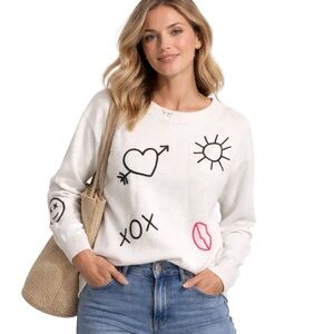 Lisa Todd Embroidered 100% Cotton Crewneck Sweater Size Large White